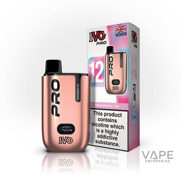 IVG Pro 12 Strawberry Ice prefilled pod vape kit with metallic pink finish and UK flag on packaging