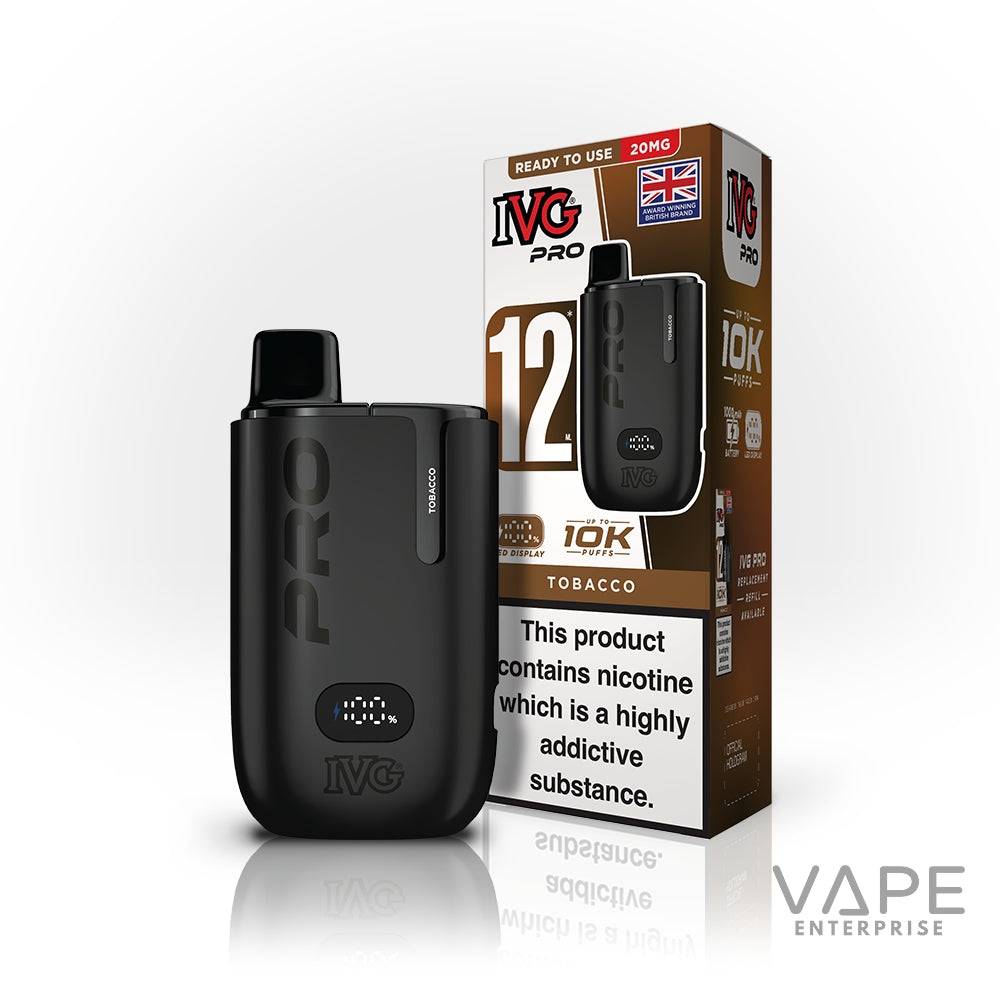 IVG Pro 12 prefilled tobacco vape pod kit with digital battery display and packaging