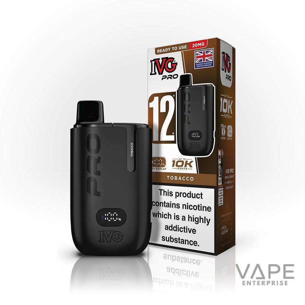IVG Pro 12 prefilled tobacco vape pod kit with digital battery display and packaging