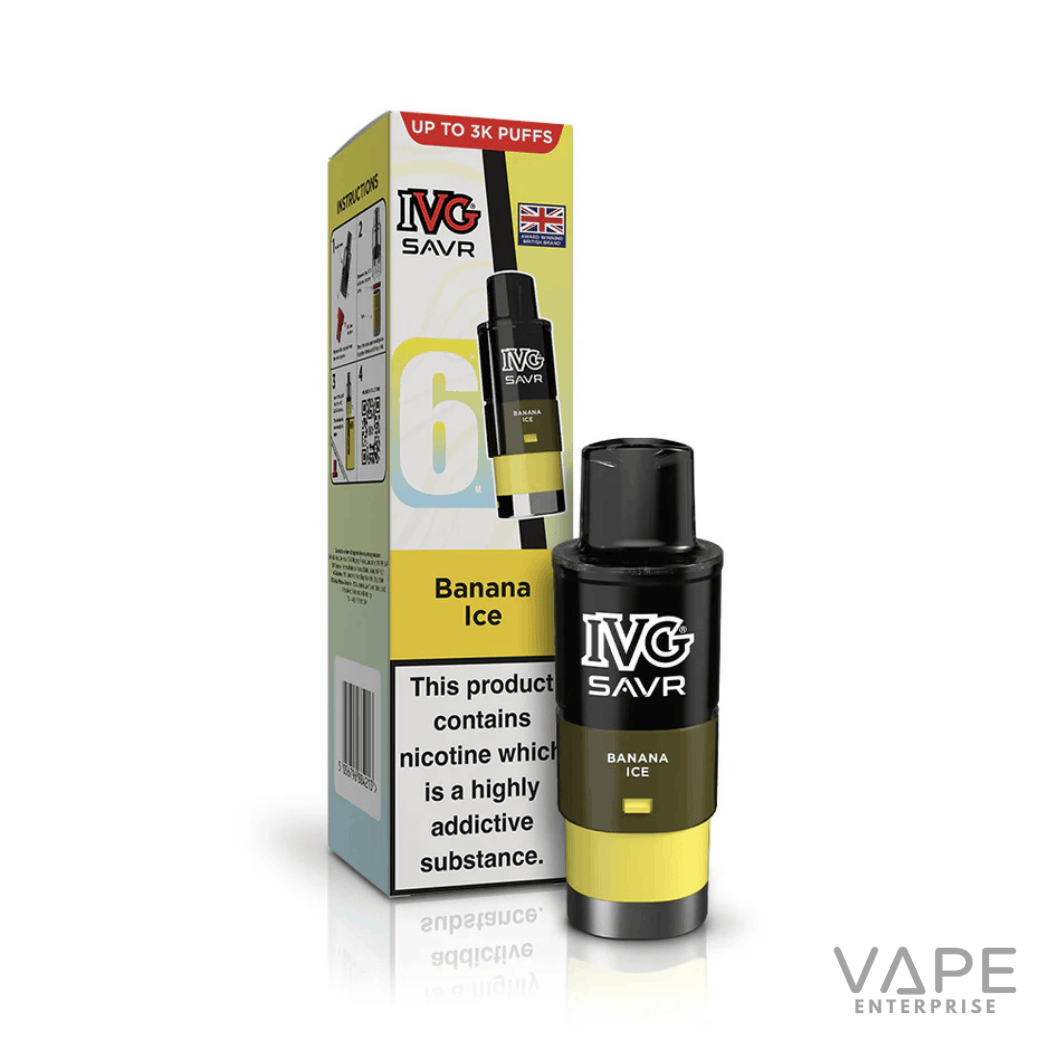 IVG SAVR Banana Ice vape pod with packaging showing nicotine warning and up to 3K puffs