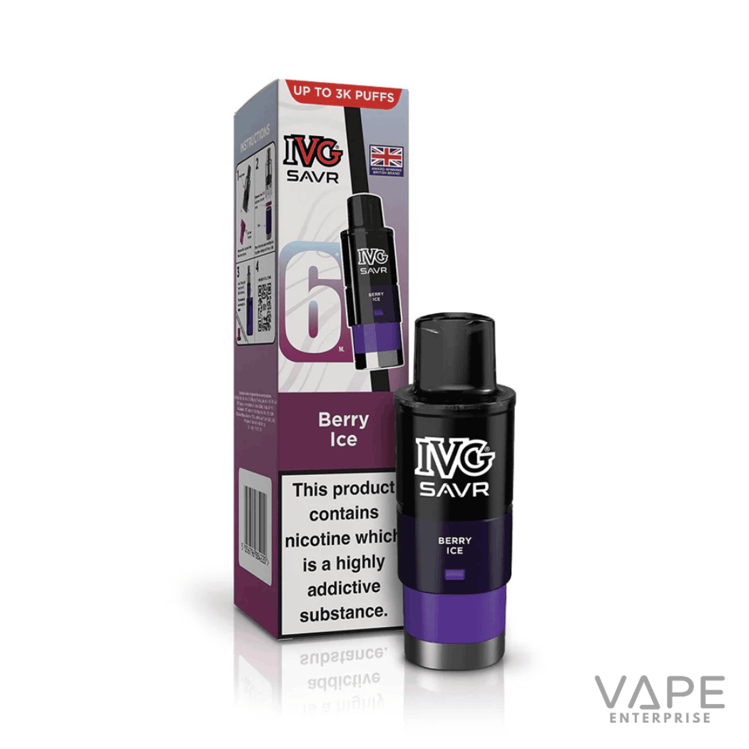 IVG SAVR Berry Ice vape pod next to packaging with nicotine warning, up to 3K puffs, 6ml capacity