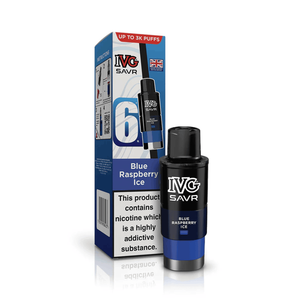 IVG SAVR Blue Raspberry Ice vape pod and packaging with nicotine warning and up to 3K puffs label