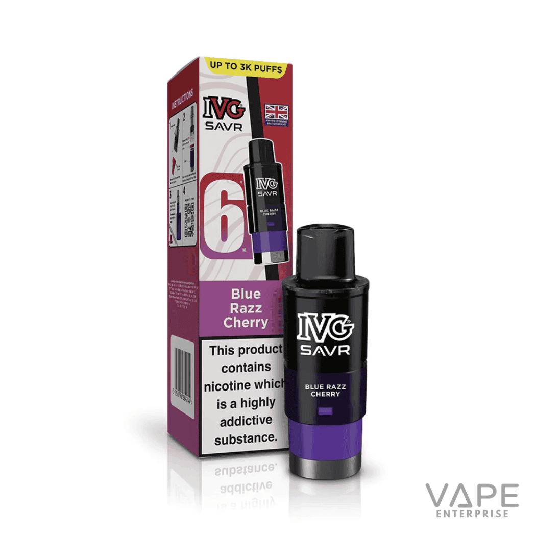 IVG SAVR Blue Razz Cherry vape pod with packaging showing 6ml e-liquid and nicotine addiction warning