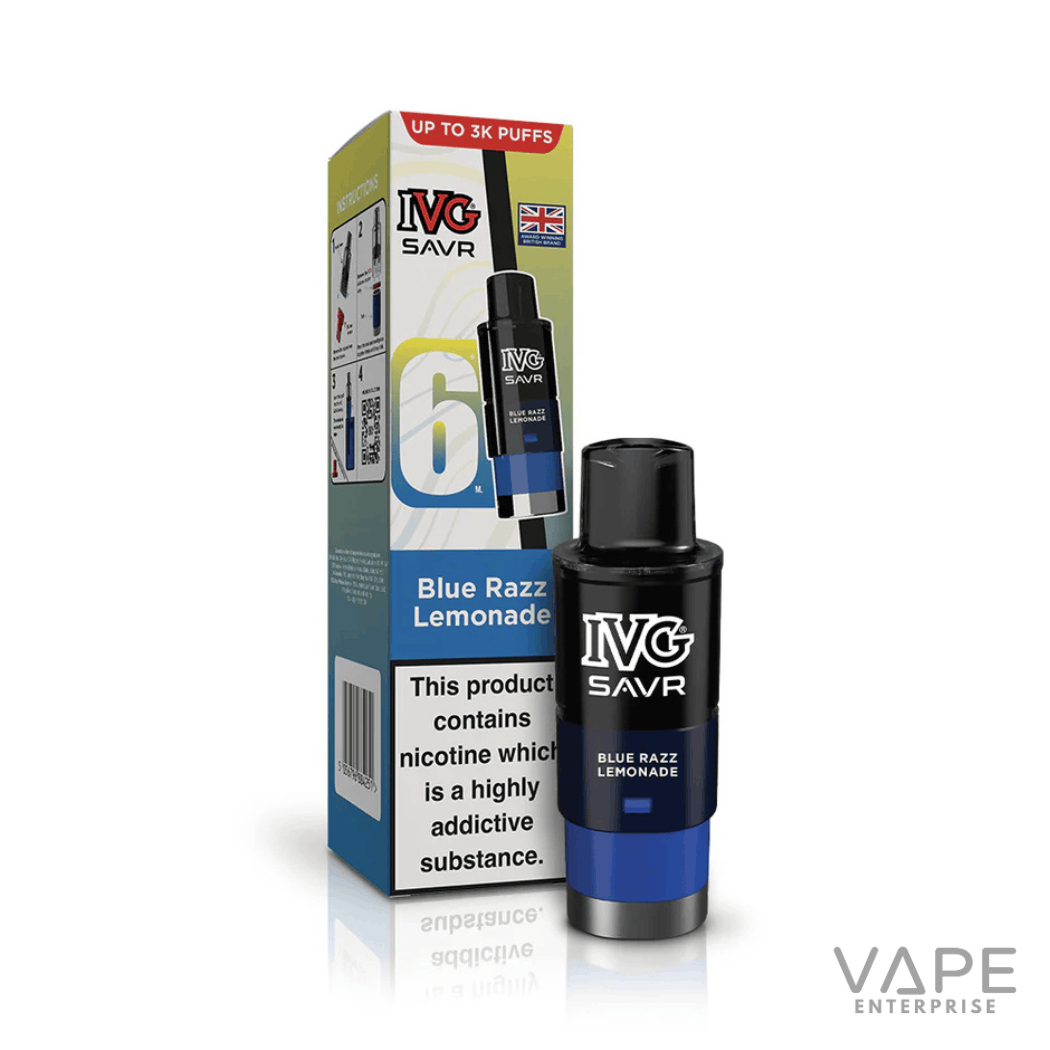 IVG SAVR Blue Razz Lemonade disposable vape pod with packaging showing 6ml and nicotine warning