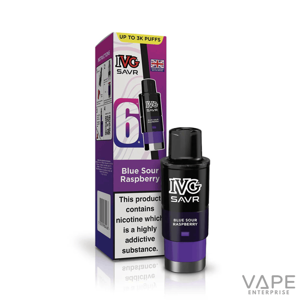 IVG SAVR Blue Sour Raspberry vape pod with 6ml e-liquid, nicotine warning, up to 3K puffs
