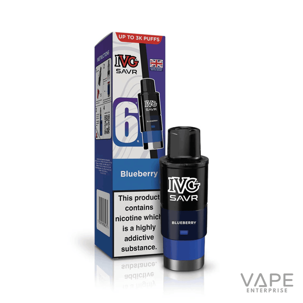 IVG SAVR Blueberry vape pod with packaging, 6ml, up to 3K puffs, nicotine warning label
