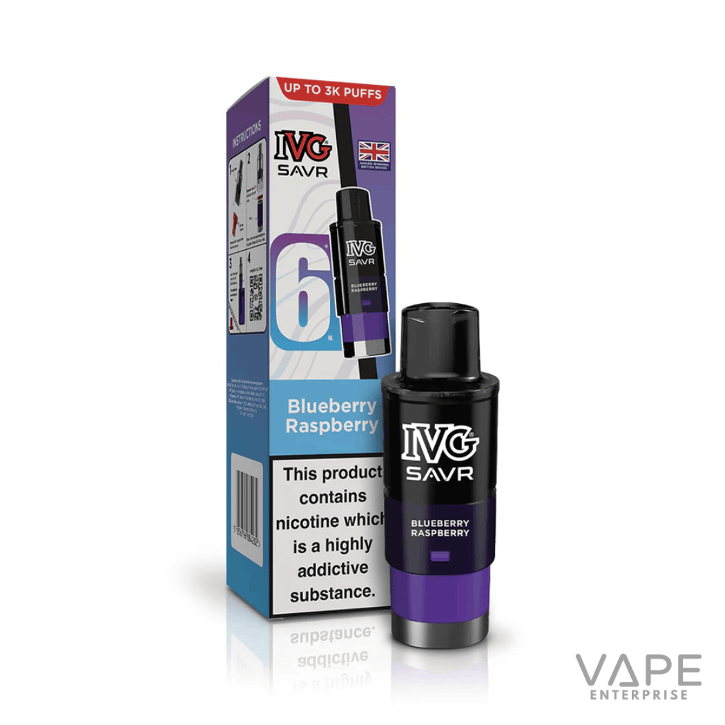 IVG SAVR Blueberry Raspberry nicotine vape pod with packaging showing 6ml e-liquid and 3000 puffs