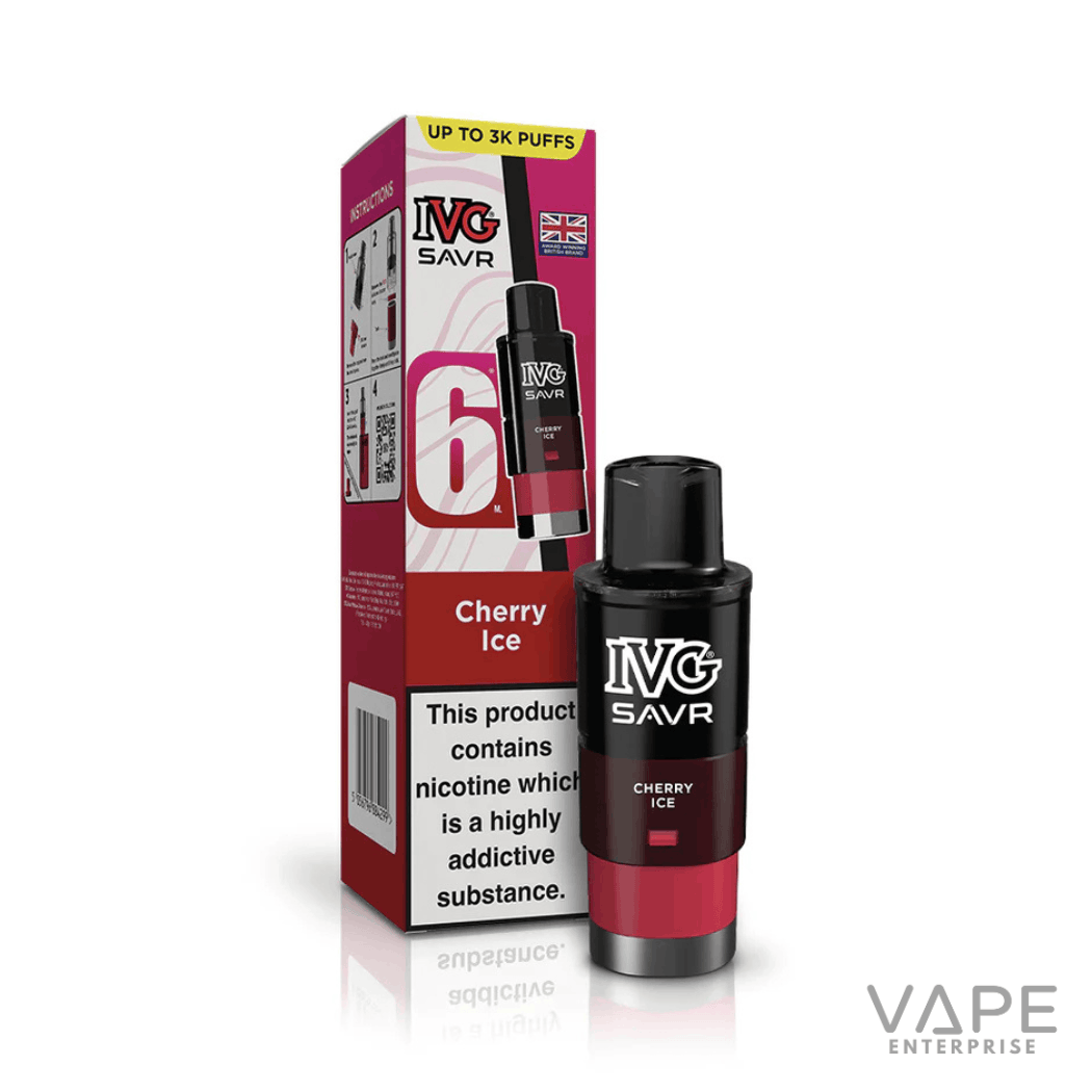 IVG SAVR Cherry Ice vape pod and packaging showing 6ml e-liquid and nicotine warning