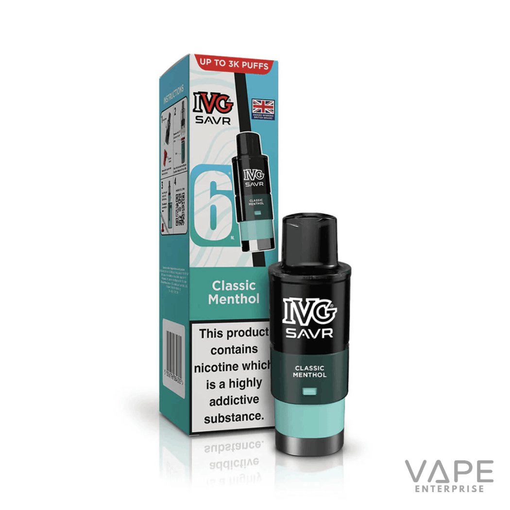 IVG SAVR Classic Menthol vape pod with packaging showing nicotine warning and up to 3K puffs