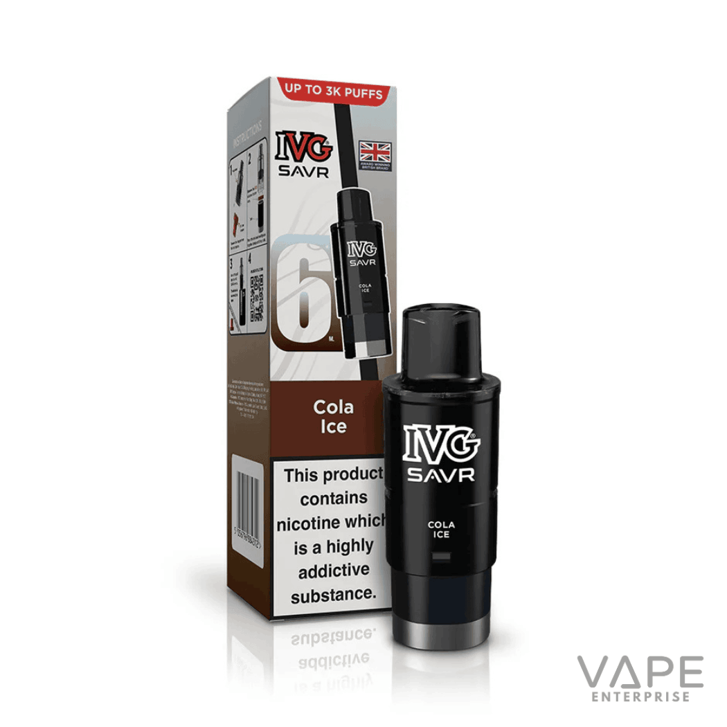 IVG SAVR Cola Ice vape pod with packaging showing 6ml capacity and nicotine addiction warning