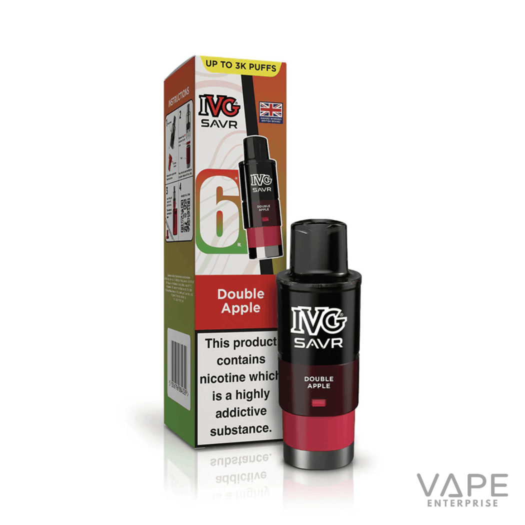 IVG SAVR Double Apple vape pod with packaging, nicotine warning, and 6ml e-liquid capacity