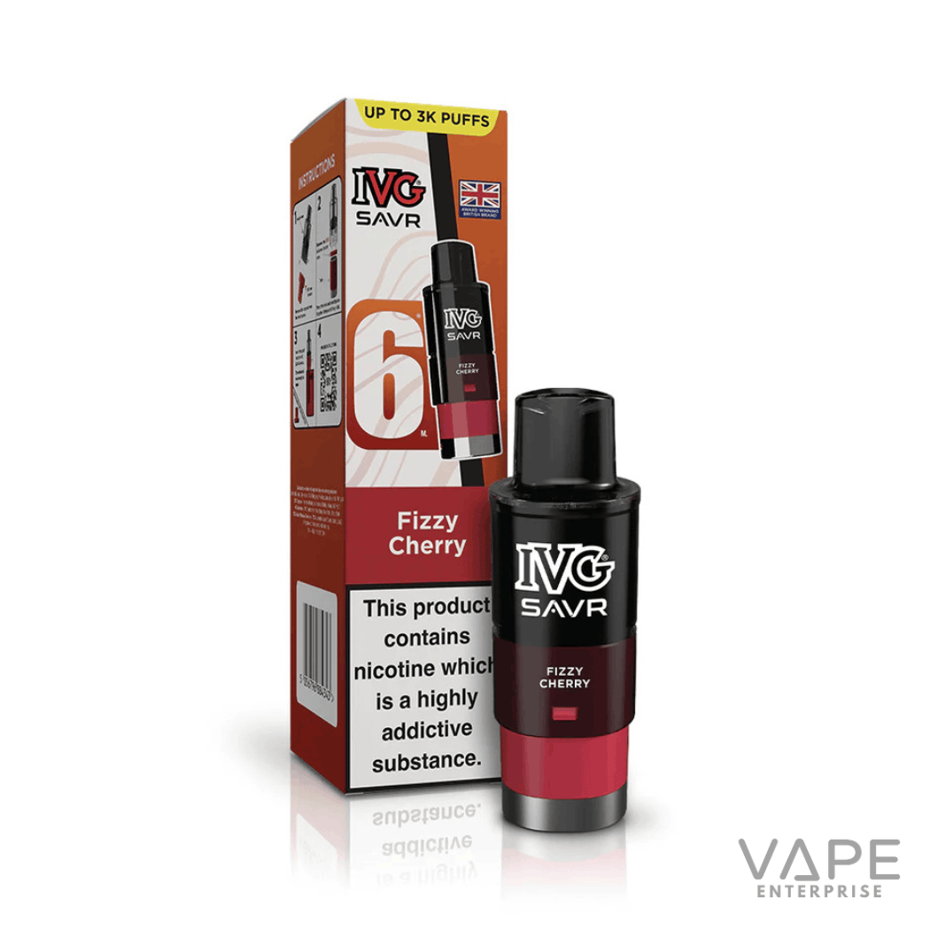 IVG SAVR Fizzy Cherry vape pod with 6ml e-liquid and nicotine warning on packaging