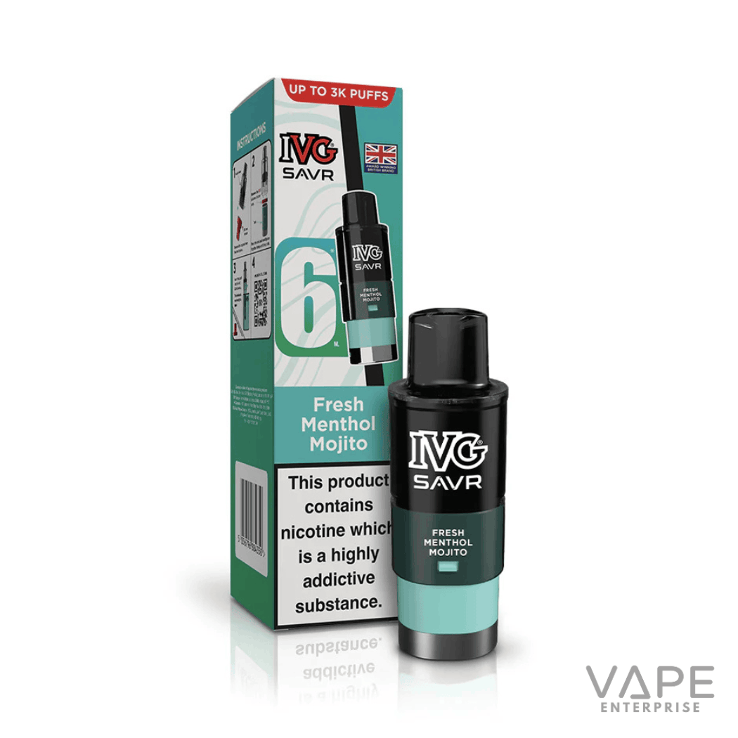 IVG SAVR Fresh Menthol Mojito vape pod with box showing up to 3K puffs and nicotine warning