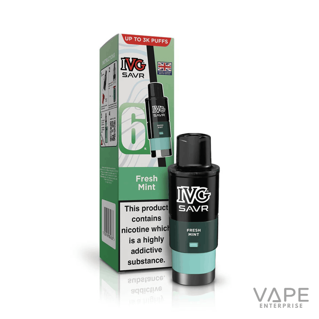 IVG SAVR Fresh Mint nicotine vape pod with packaging highlighting 6ml e-liquid and 3K puffs