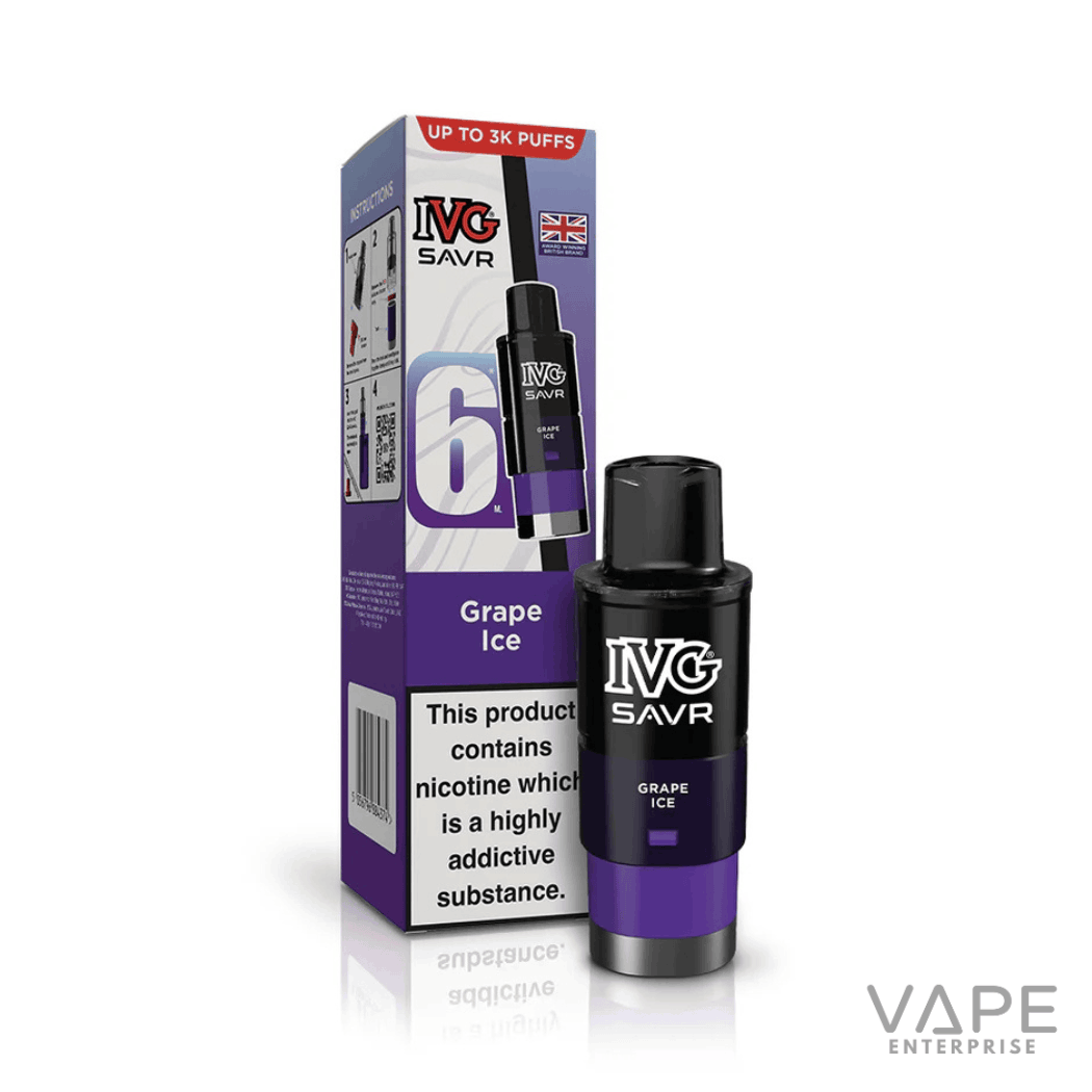 IVG SAVR Grape Ice vape pod and packaging with nicotine addiction warning