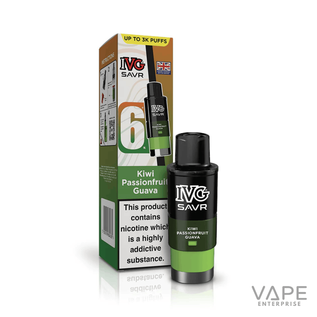 IVG SAVR Kiwi Passionfruit Guava vape pod with packaging and nicotine addiction warning