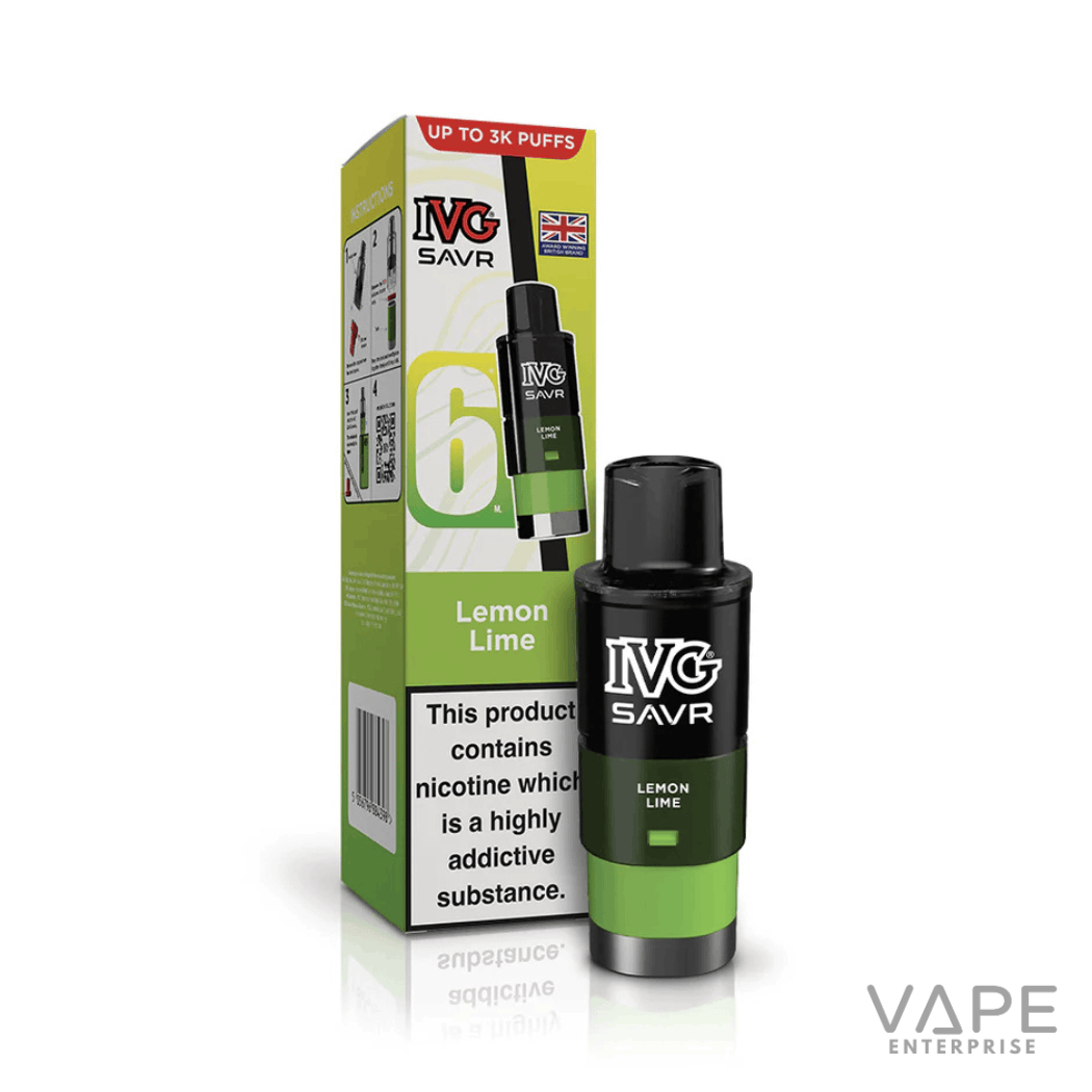 IVG SAVR Lemon Lime vape pod and packaging with nicotine warning and up to 3K puffs label