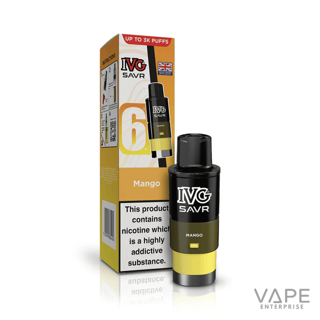 IVG SAVR Mango vape pod with packaging showing nicotine warning and up to 3K puffs