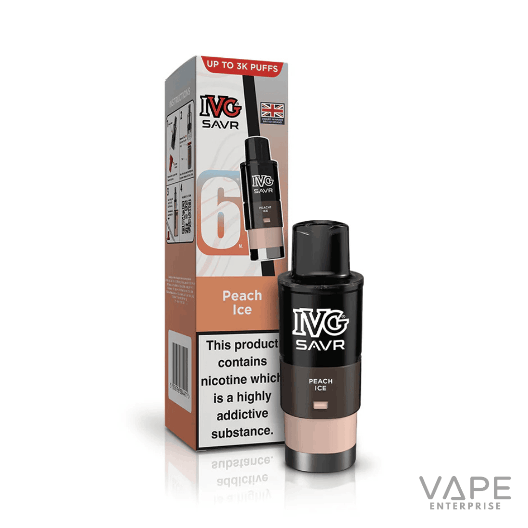 IVG SAVR Peach Ice vape pod with packaging, nicotine warning, up to 3K puffs, 6ml e-liquid