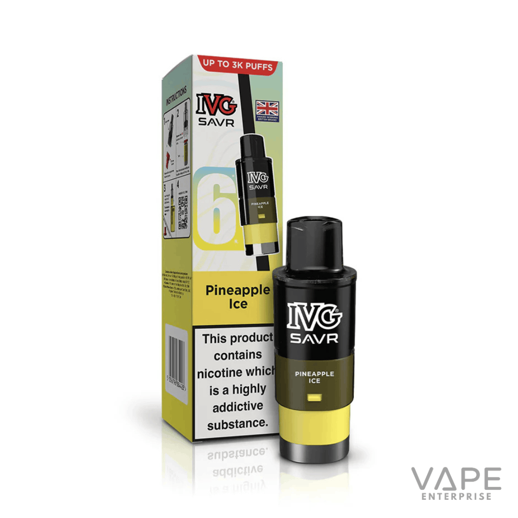 IVG SAVR Pineapple Ice disposable vape pods packaging and pod with nicotine warning