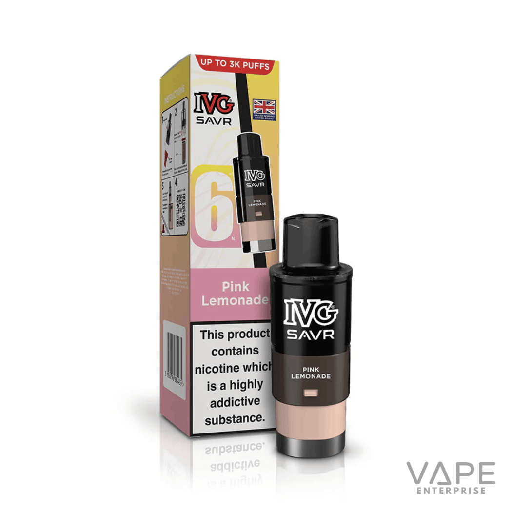 IVG SAVR Pink Lemonade vape pod with packaging highlighting 6ml e-liquid and up to 3000 puffs