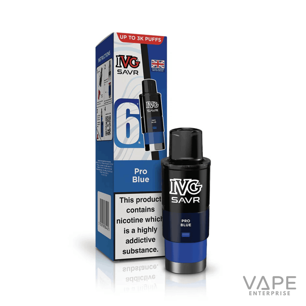 IVG SAVR Pro Blue vape pod with 6ml e-liquid and nicotine warning on blue packaging