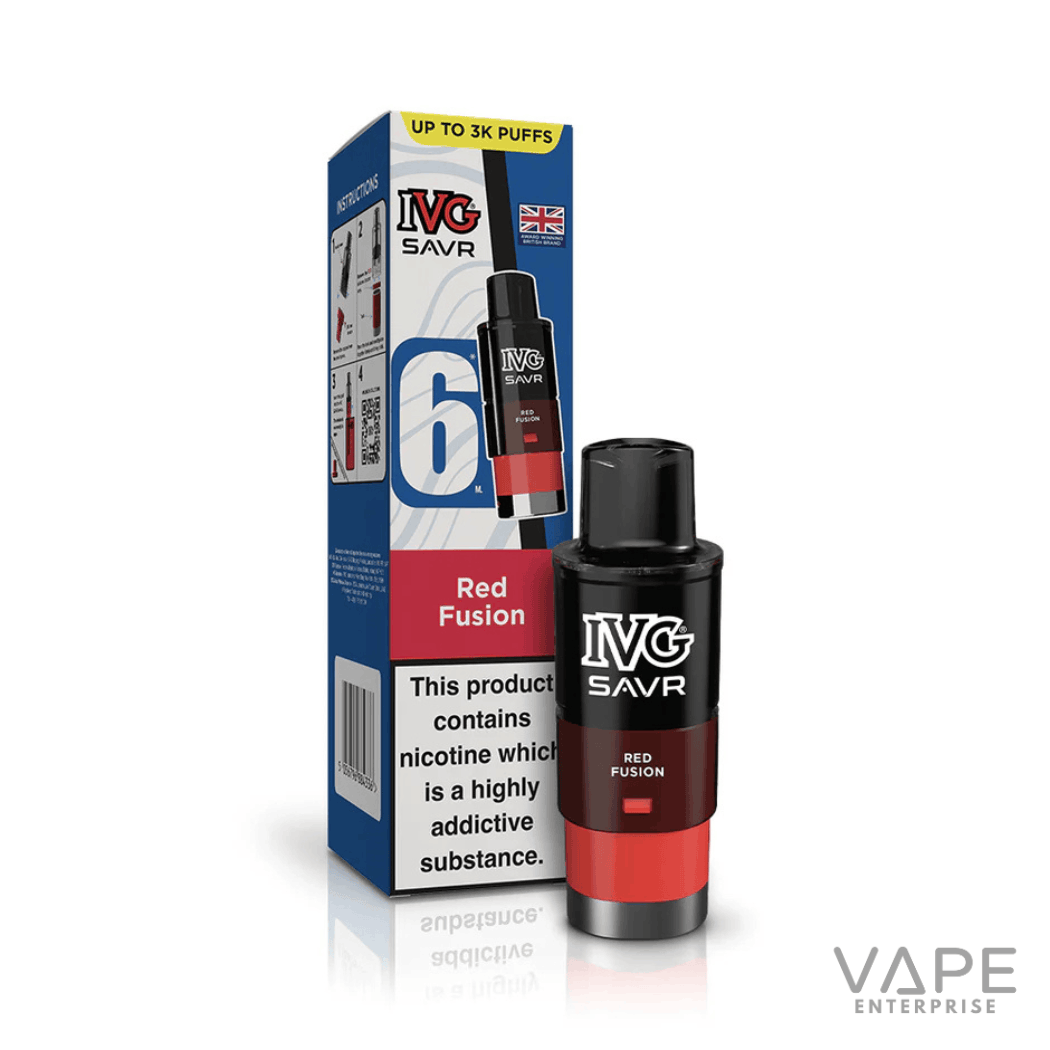IVG SAVR Red Fusion vape pod with 6ml e-liquid and nicotine warning packaging