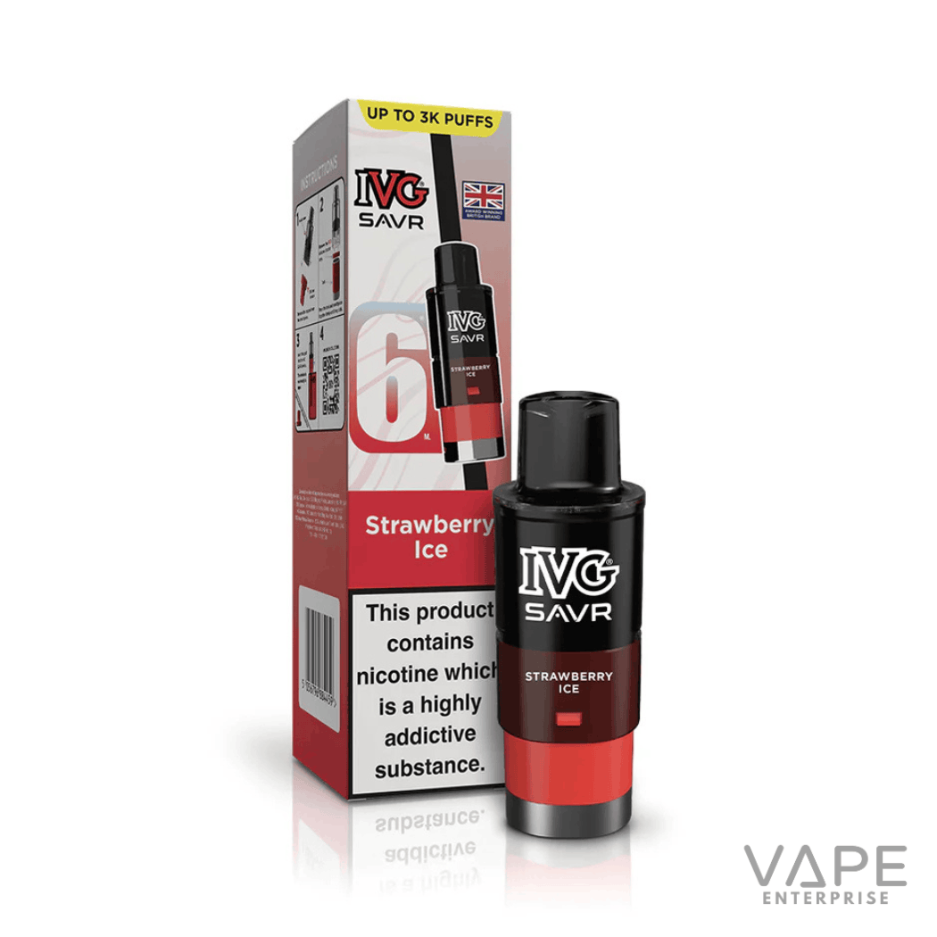 IVG SAVR Strawberry Ice disposable vape with packaging, up to 3K puffs, nicotine warning
