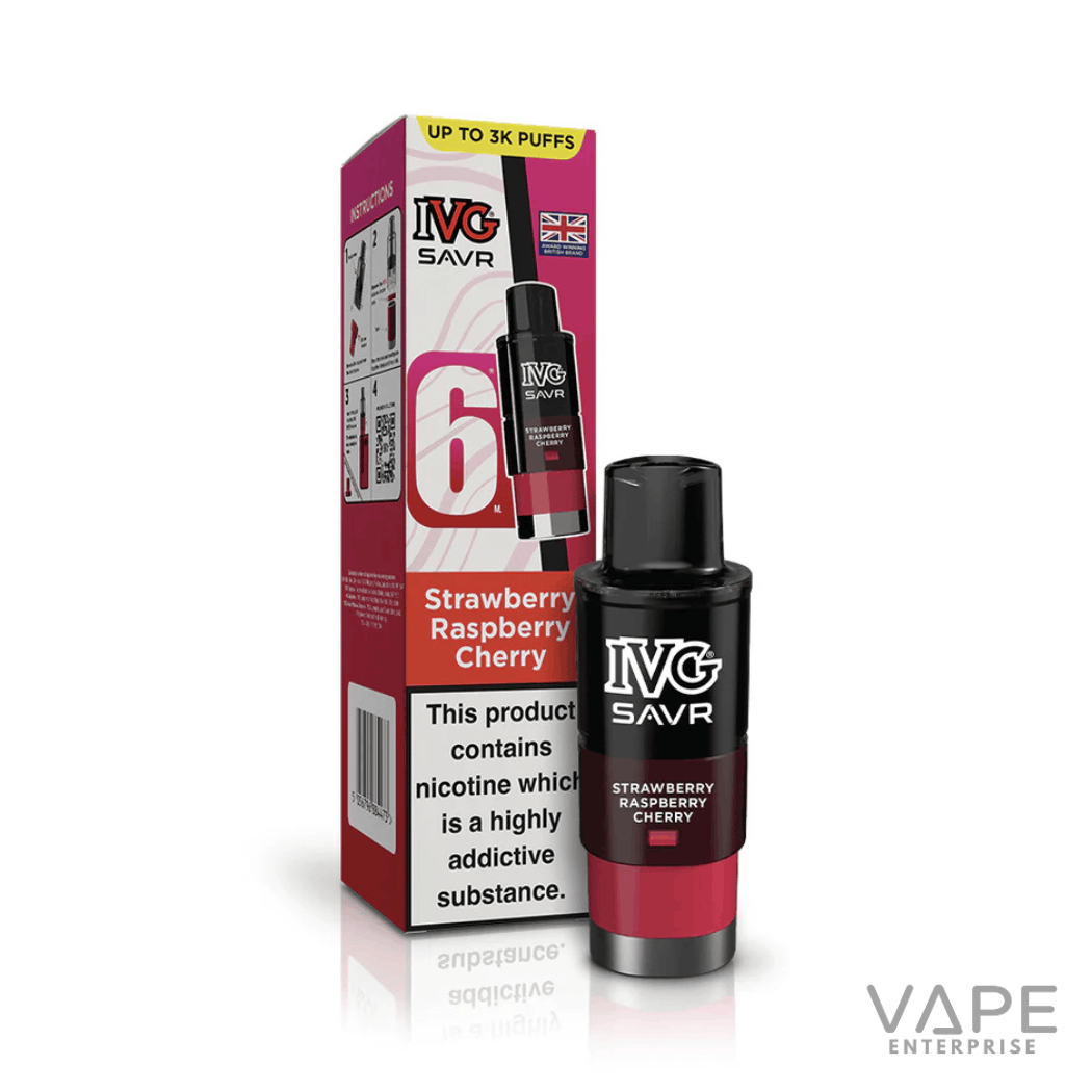 IVG SAVR Strawberry Raspberry Cherry vape pod and packaging with nicotine addiction warning