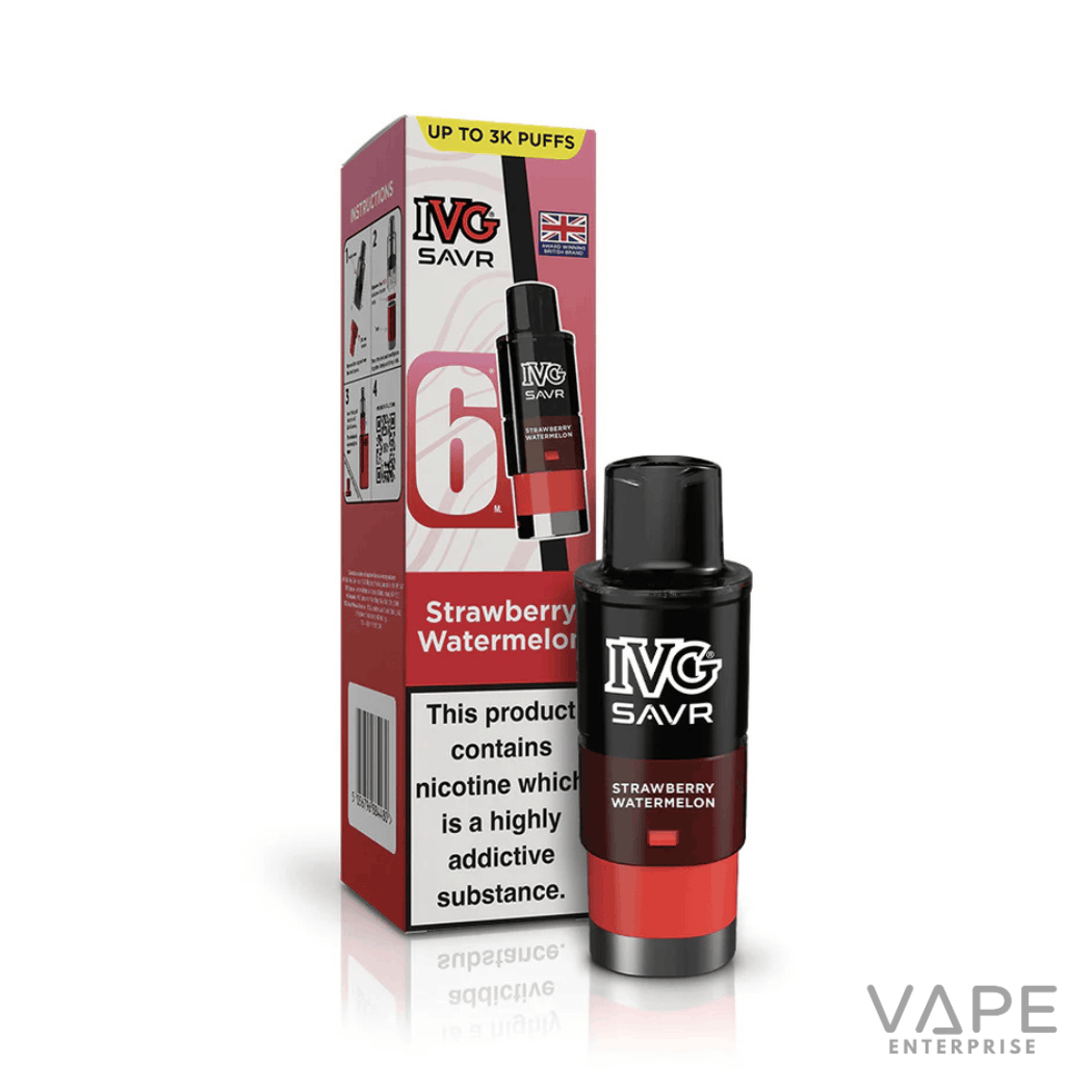 IVG SAVR Strawberry Watermelon vape pod and packaging with 6ml, up to 3k puffs, nicotine warning