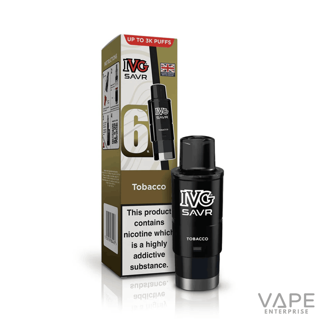 IVG SAVR tobacco vape pod with 6ml liquid and nicotine addiction warning on packaging