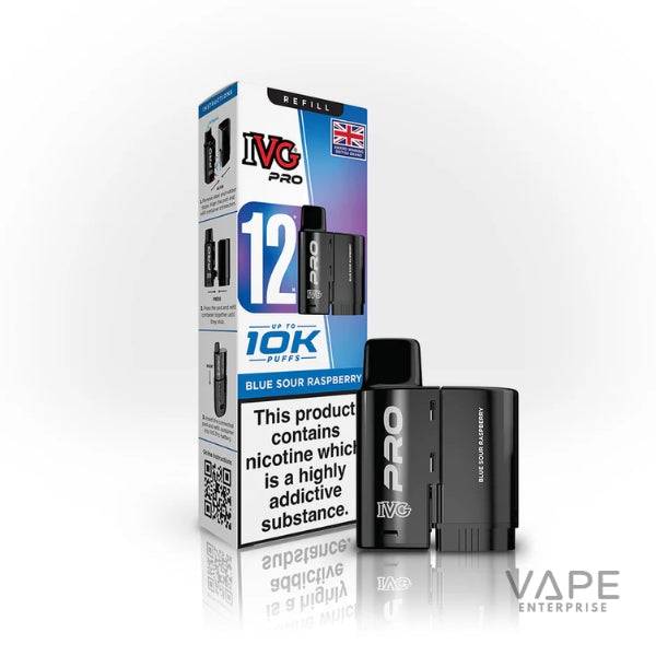 IVG Pro Blue Sour Raspberry vape disposable device with box showing 12mg nicotine and up to 10k puffs