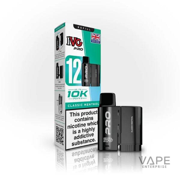 IVG Pro Classic Menthol vape device and refill box with nicotine warning, up to 10K puffs