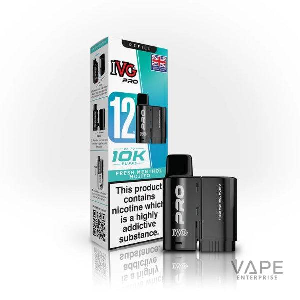 IVG Pro Fresh Menthol Mojito disposable vape with packaging showing 1200 puffs and nicotine warning