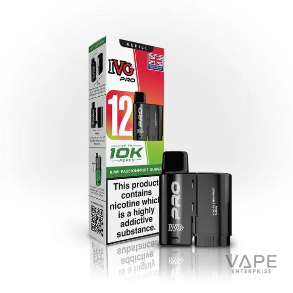 IVG Pro Kiwi Passionfruit Guava vape device and refill box with nicotine warning and UK flag