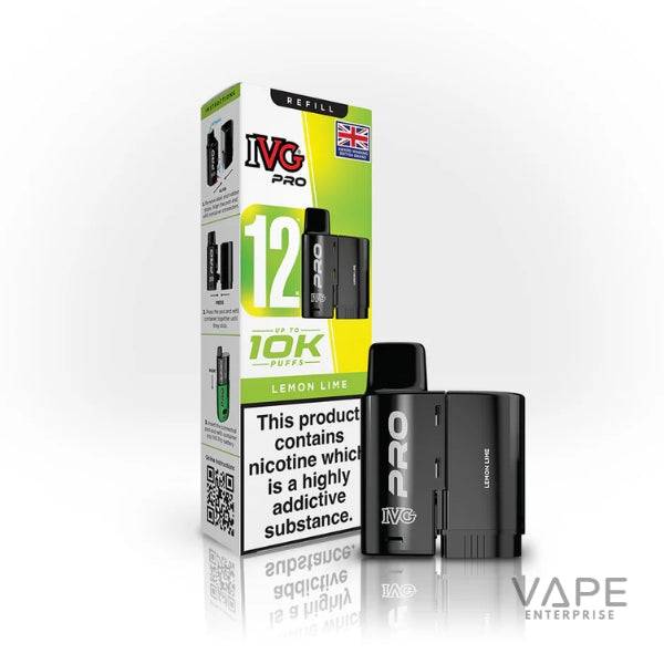 IVG Pro Lemon Lime disposable vape with 12mg nicotine, box showing up to 10K puffs