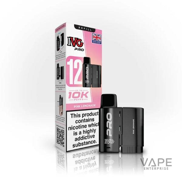 IVG Pro Pink Lemonade 12mg vape pod device with packaging showing up to 10K puffs and nicotine warning