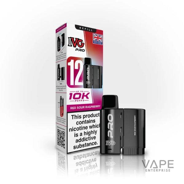 IVG Pro Red Sour Raspberry vape device and refill pack with nicotine addiction warning