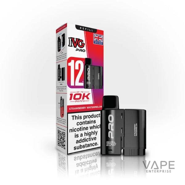 IVG Pro Strawberry Watermelon refill vape pod with packaging showing up to 10K puffs and nicotine warning