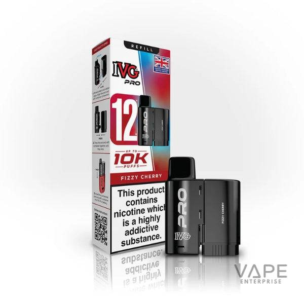 IVG Pro Fizzy Cherry disposable vape with 12ml nicotine salt, up to 10k puffs, black device and box