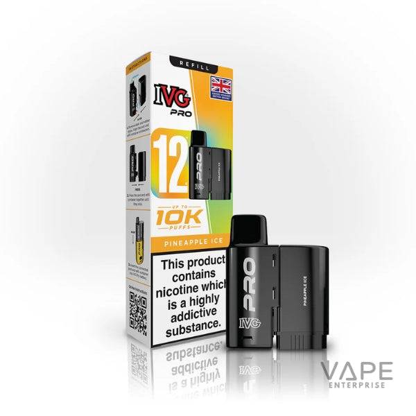 IVG Pro Pineapple Ice disposable vape device and packaging showing 12mg nicotine and up to 10K puffs