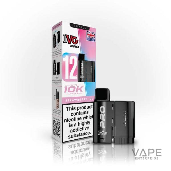 IVG Pro Strawberry Ice vape device and refill box with nicotine warning, up to 10K puffs