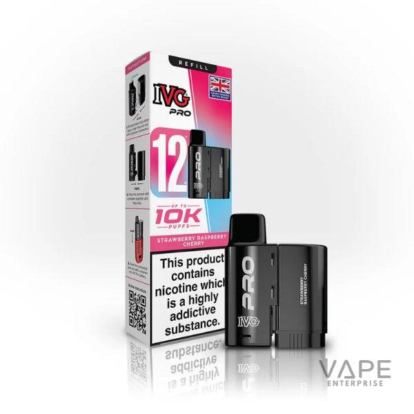 IVG Pro disposable vape refill Strawberry Raspberry Cherry flavor with 12mg nicotine, black device, up to 10K puffs