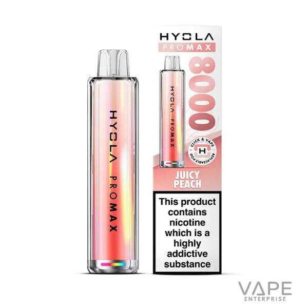 Hyola Pro Max 8000 disposable vape device in Juicy Peach flavor with packaging and nicotine warning
