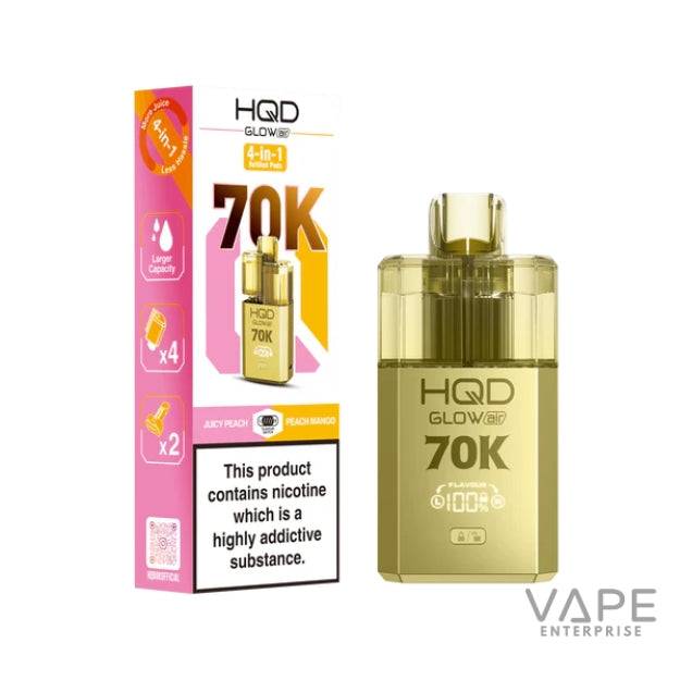 HQD Glow Air 70K disposable vape device and box with Juicy Peach and Peach Mango flavor, nicotine warning