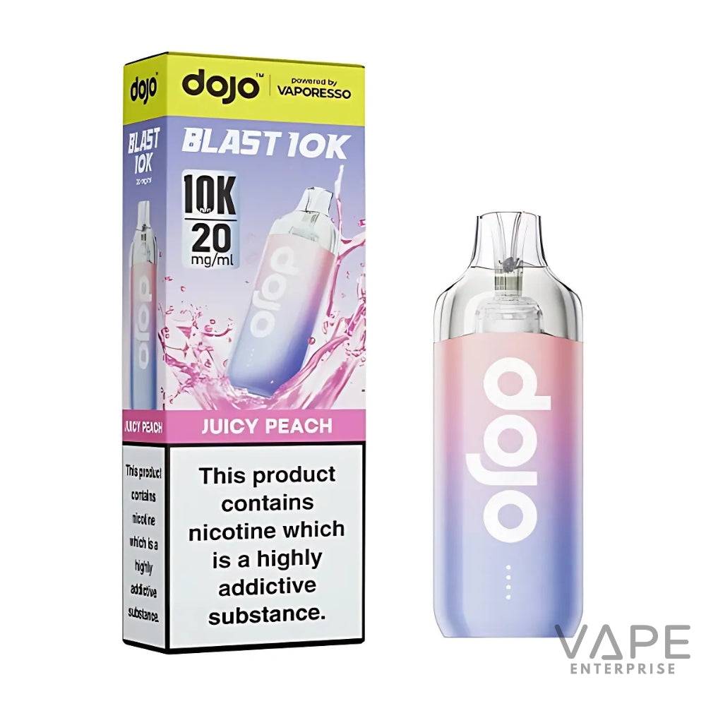 Dojo Blast 10K disposable vape in Juicy Peach flavor with 20mg nicotine, showing packaging and device