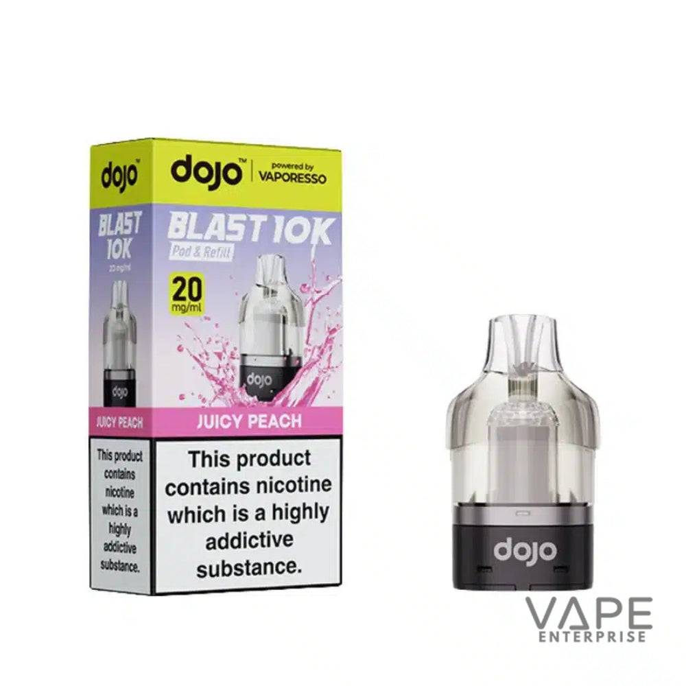 Dojo Blast 10K Juicy Peach vape pod and refill with nicotine warning and 20mg/ml label