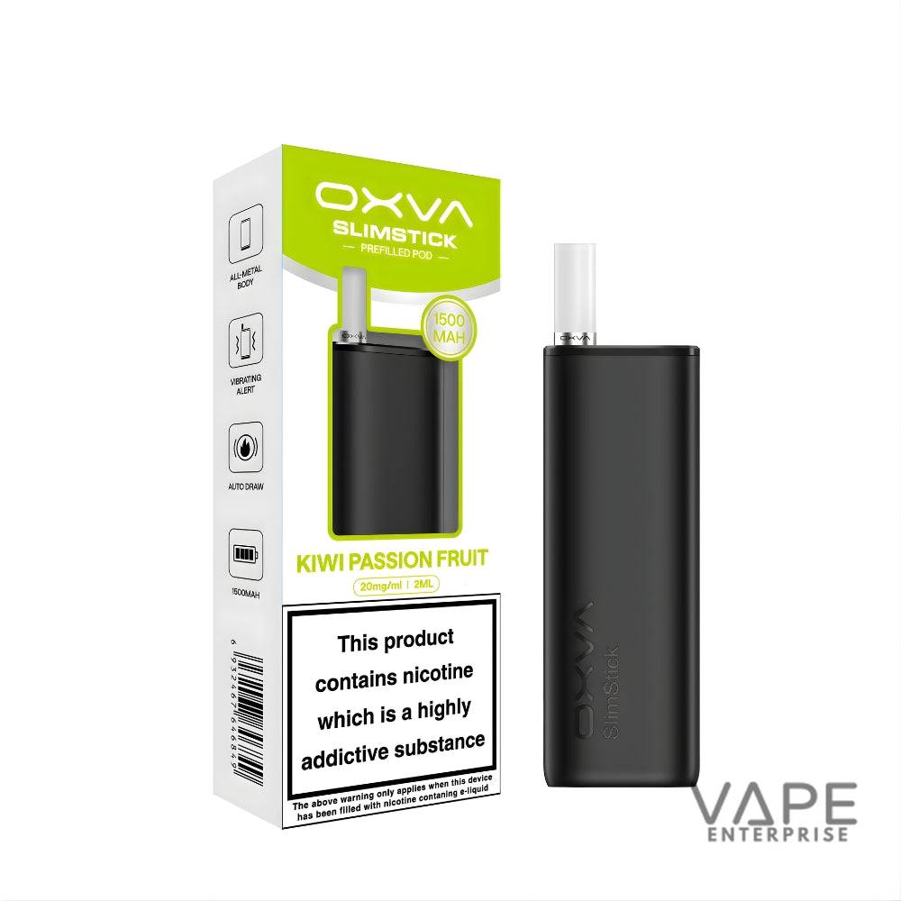 OXVA SlimStick prefilled pod vape in Kiwi Passion Fruit flavor with 1500mAh battery, black device and packaging