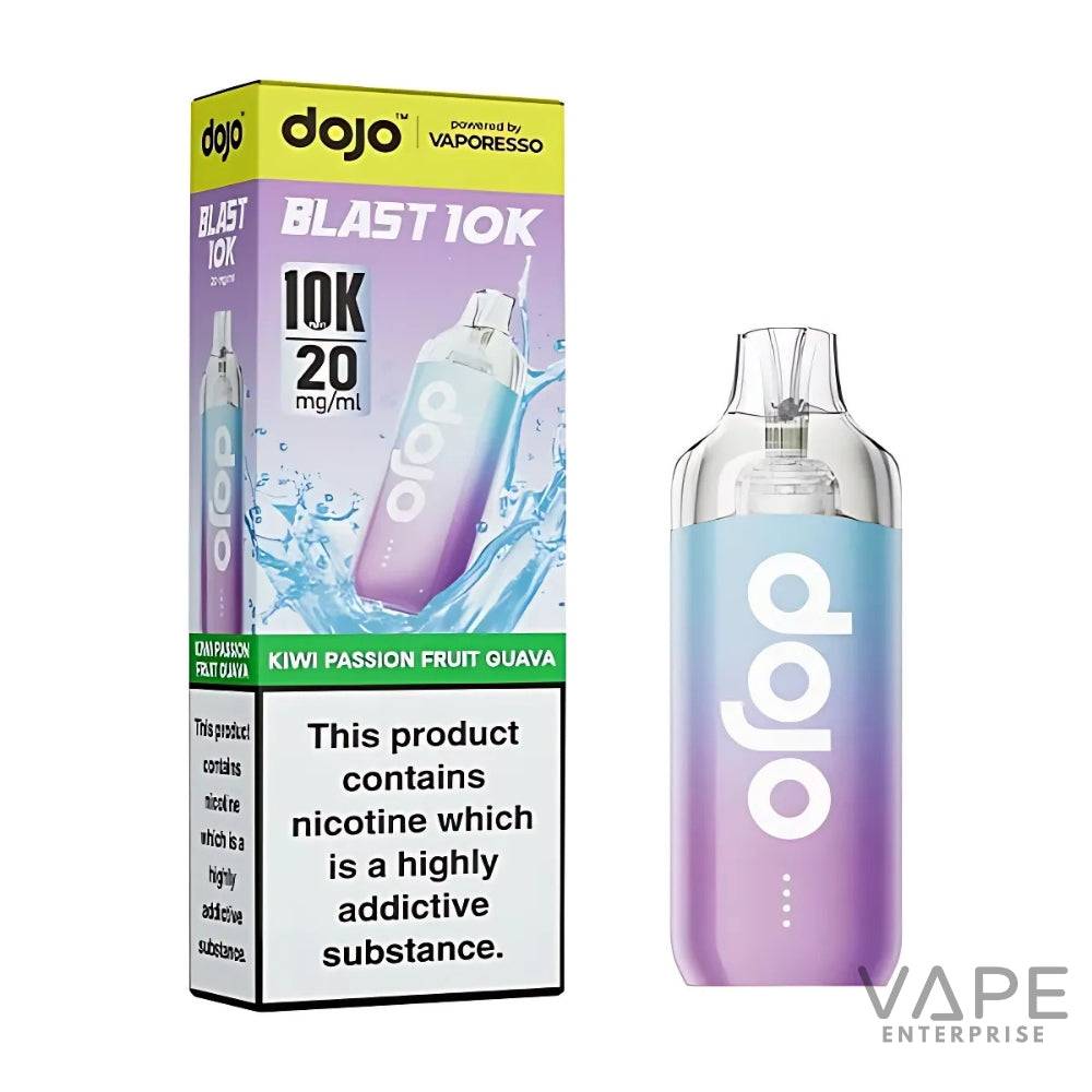 Dojo Blast 10K disposable vape device and box with kiwi passion fruit guava flavor in purple and blue gradient