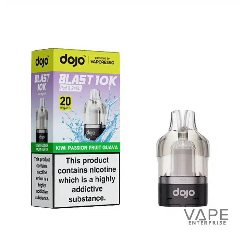 Dojo Blast 10K Kiwi Passion Fruit Guava vape pod with nicotine warning and vape enterprise logo